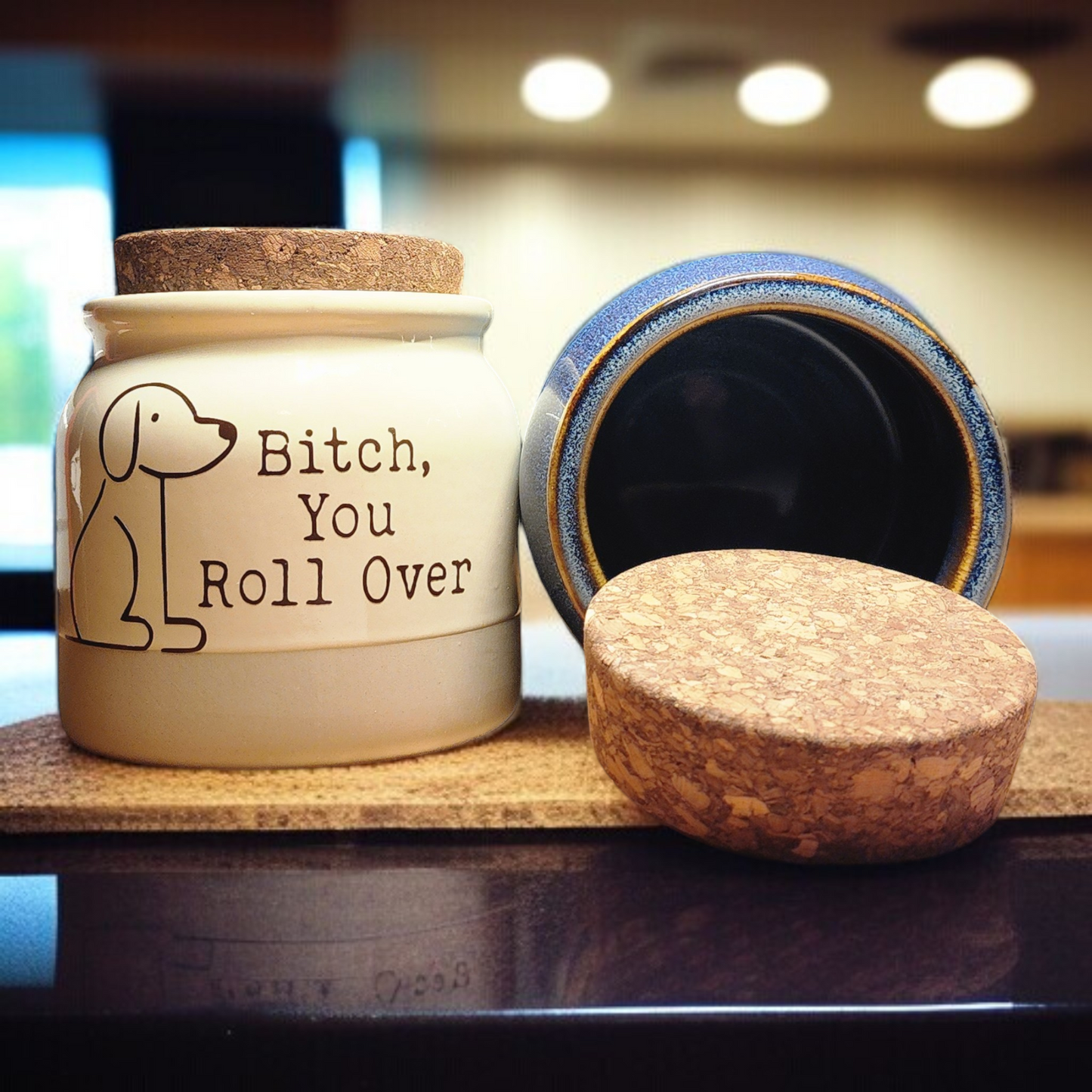 Glazed Stoneware Dog Treat Jar with Cork Lid – “Bitch, You Roll Over” (34 oz)